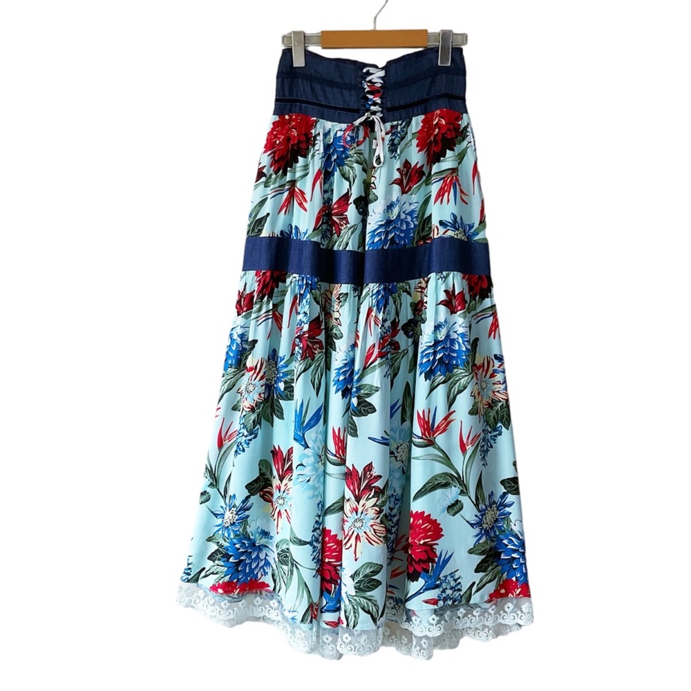 Eten Floral Print Boho Smocked Lace-Up Maxi Skirt Size S NWT